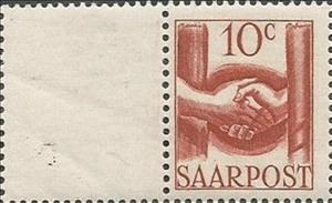 Stamp with Attached Label, Handshake, Germany, Saarland,  , Hands