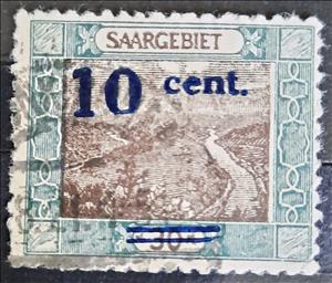 Stamp, River Saar at Mettlach / surcharge DARK VIOLET ULTRAMARINE, Germany, Saarland,  , Landscapes, Rivers