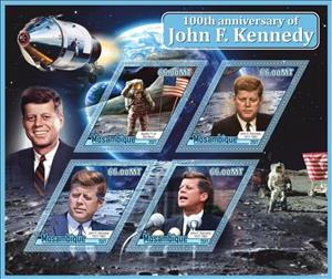 Mini Sheet, John F. Kennedy 100th Anniversary Moon Landing Backgrounds, Mozambique,  , Famous People, Moon Landing, Outer Space, Politicians, Space Traveling, Spacecrafts