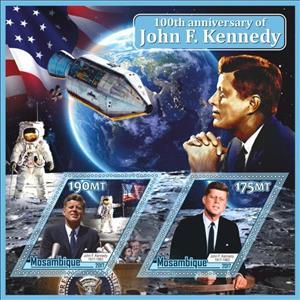 Mini Sheet, John F. Kennedy 100th Anniversary Moon Landing Backgrounds, Mozambique,  , Famous People, Moon Landing, Outer Space, Politicians, Space Traveling, Spacecrafts