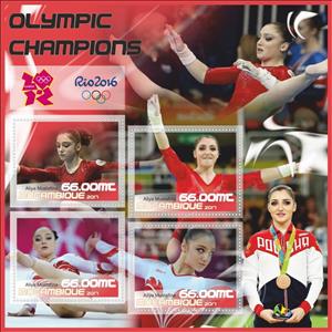 Mini Sheet, Olympic Games in Rio in 2016 Champion Aliya Mustafina, Mozambique,  , Gymnastics, Olympic Games, Sports