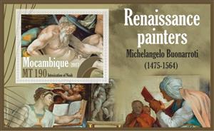 Souvenir Sheet, Paintings by Michelangelo Buonarroti, Mozambique,  , Painters, Paintings