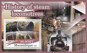 Souvenir Sheet, Steam Locomotives Old Trains, Mozambique,  , Locomotives, Railways
