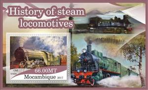 Souvenir Sheet, Steam Locomotives Old Trains, Mozambique,  , Locomotives, Railways