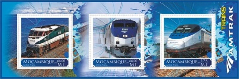 Mini Sheet, Trains Amtrak, Mozambique,  , Locomotives, Railways