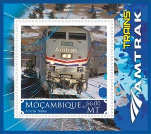 Souvenir Sheet, Trains Amtrak, Mozambique,  , Locomotives, Railways
