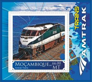Souvenir Sheet, Trains Amtrak, Mozambique,  , Locomotives, Railways