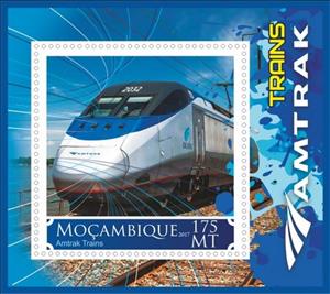 Souvenir Sheet, Trains Amtrak, Mozambique,  , Locomotives, Railways