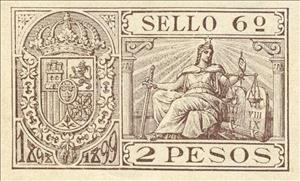 Stamp, 2 Pesos Timbre Movil, Philippines,  , Coats of Arms, Gods and goddesses, Scales (balance), Swords