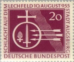 Stamp, Orb with sword and pine cones, 3 arrows, stylized river cour, Germany, Federal Republic,  , Weapons, Commemoration, Anniversaries and Jubilees