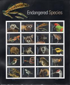 Mini Sheet, Endangered Species No Die Cut, United States of America,  , Amphibians, Animals (Fauna), Birds, Crustaceans, Fishes, Mammals, Reptiles