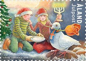 Stamp, Children and Dove, Åland Islands,  , Birds, Children, Christmas, Lamps and Candles, Pigeons, Roses