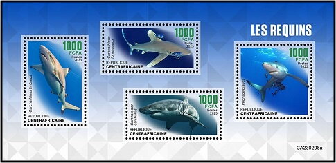 Mini Sheet, Sharks, Central African Republic,  , Sea Life, Sharks