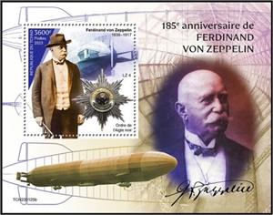 Souvenir Sheet, Ferdinand von Zeppelin (1838–1917), Chad,  , Anniversaries and Jubilees, Изобретатели