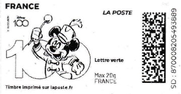 Stamp, Disney 100 years Mickey without laposte logo, France,  , Anniversaries and Jubilees, Cartoons, Disney