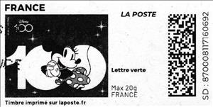 Stamp, Disney 100 years Minnie in black without laposte logo, France,  , Anniversaries and Jubilees, Cartoons, Disney