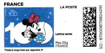 Stamp, Disney 100 years Minnie without laposte logo, France,  , Anniversaries and Jubilees, Cartoons, Disney