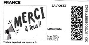 Stamp, Merci a Tous. Redesign without laposte logo, France,  , Letters (Alphabet)