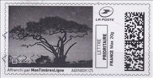 Stamp, Silhouette of Tree at Sunset in black, France,  , Landscapes, Sunsets / Sunrises, Trees
