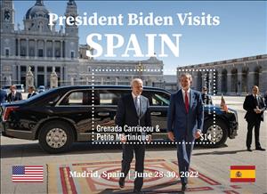 Souvenir Sheet, President Biden and King Felipe VI of Spain, Grenada Carriacou & Petite Martinique,  