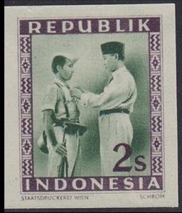 Stamp, President Soekarno Decorates a Soldier, Indonesia,  , Army, Famous People, Headgear, Heads of State, Men, Politicians