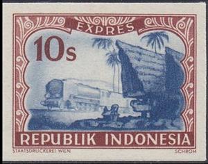 Stamp, Special services (Expres), Indonesia,  , Houses, Palm-trees, Railways