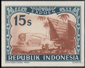 Stamp, Special services (Expres), Indonesia,  , Houses, Palm-trees, Railways