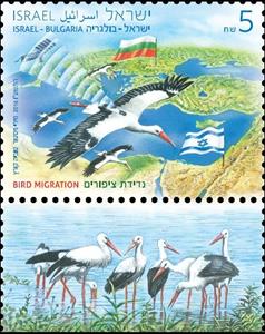 Stamp with Collectible Margin, Israel - Bulgaria Joint Issue, Bird Migration, Israel,  , Animals (Fauna), Birds, Flags, Joint Issues, Maps, Storks
