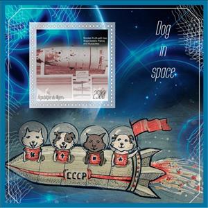 Souvenir Sheet, Dogs in Space (Rocket R2-A), Niger,  , Animals (Fauna), Dogs, Outer Space, Space Traveling, Spacecrafts