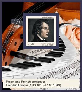 Souvenir Sheet, Frederic Chopin Composer, Niger,  , Composers, Famous People, Musicians