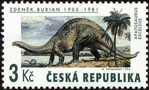 Stamp, Apatosaurus excelsus, painting by Zdenék Burian, Czech Republic,  , Prehistorical Animals, Dinosaurs, Animals (Fauna)