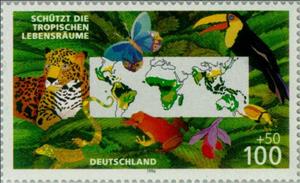 Stamp, Various Animals and Plants, World Map, Germany, Federal Republic,  , Maps, Birds, Tigers, Frogs, Amphibians, Butterflies, Animals (Fauna)