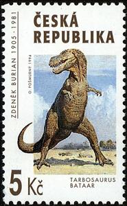 Stamp, Tarbosaurus bataar, painting by Zdenék Burian, Czech Republic,  , Prehistorical Animals, Dinosaurs, Animals (Fauna)