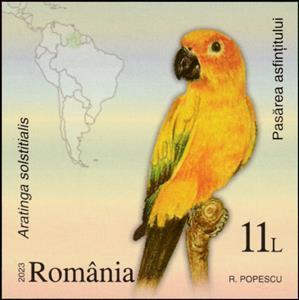 Stamp, Sunset Bird (Aratinga solstitialis), Romania,  , Animals (Fauna), Birds, Maps, Parrots