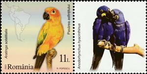 Stamp with Attached Label, Superb Parrot (Polytelis swainsonii), Romania,  , Animals (Fauna), Birds, Maps, Parrots