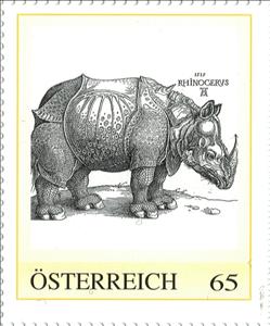 Stamp, The Rhinoceros by Albrecht Dürer, Austria,  , Animals (Fauna), Art, Painters, Paintings, Rhinoceroses