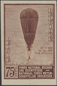 Stamp, August Piccard's Balloon, Belgium,  , Air Balloons, Aviation, Science