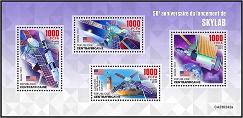 Mini Sheet, 50th Anniversary of the Launch of Skylab, Central African Republic,  , Anniversaries and Jubilees, Space Traveling
