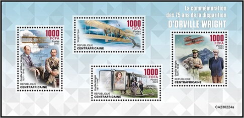 Mini Sheet, 75th Anniversary of the Death of Orville Wright, Central African Republic,  , Aircraft, Anniversaries and Jubilees, Aviation, Изобретатели