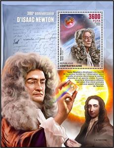 Souvenir Sheet, Isaac Newton (1643–1727), Central African Republic,  , Anniversaries and Jubilees, Physicists