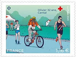 Stamp, Volunteer First Responders : Olivier, France,  , Bicycles, Red Cross and Red Crescent