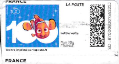 Stamp, Disney 100 years Nemo without laposte logo, France,  , Anniversaries and Jubilees, Cartoons, Disney