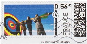 Stamp, Four collegues carrying a dart unto a target, France,  , Businessman, Darts