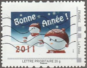 Stamp, New Year Bonne Annee Snowmen 2011, France,  , New Year, Snowmen