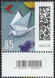Stamp with Attached Label, Letters as Bird, Germany, Federal Republic,  , Birds, Letters (Mail), Stylized Animals, Sun