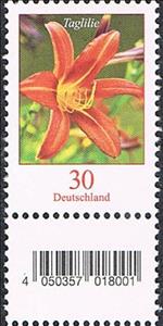 Stamp with Attached Label, Tiger Daylily (Hemerocallis fulva), Germany, Federal Republic,  , Flowers, Plants (Flora)