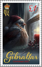 Stamp, Bird in Window, Gibraltar,  , Birds, Christmas