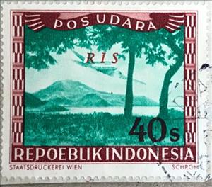 Stamp, Lake Region, Indonesia,  , Aircraft, Airlines, Aviation, Lakes, Landscapes, Mountains, Trees