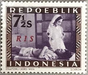 Stamp, Red Cross Nurse with Wounded Soldier, Indonesia,  , Healthcare, Red Cross and Red Crescent, Uniforms, Women