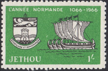 Stamp, Coats of Arms and old Sailboat, Jethou Island,  , Coats of Arms, Sailing Ships